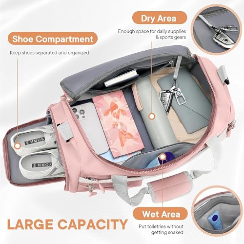 Image of NISUN Nylon 50cm Travel Duffle Bag Multi- Pocket Sports Shoulder Bag for Women with Wet Pocket & Shoe Compartment Weekender Overnight Travel Luggage Bag (Light Pink, 25x27x50cm)