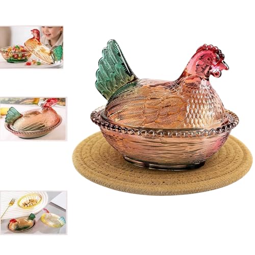 HORNEDI Glass Hen on Nest Dish with Lid Rooster Candy Bowl (Style A)
