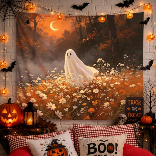 YTRG Fall Halloween Tapestry Halloween Spooky Ghost Wall Tapestry for Bedroom Whimsical Enchanted Forest Flower Ghost Tapestries Wall Hanging for Home Living Room Decor 50x60 Inch