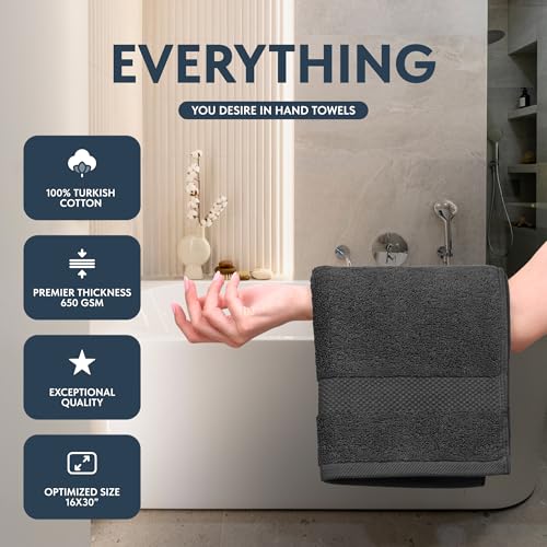 Image of White Classic Luxury Charcoal Hand Towels - Soft 100% Turkish Cotton | Highly Absorbent Hotel spa Bathroom Towel Collection | 16x30 Inch | Set of 6