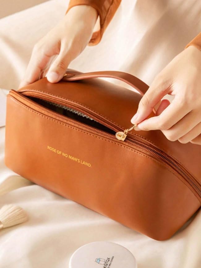 Image of ANGENIL Makeup Pouch Bag, Travel Pouches for Women, Vanity Bag for Women Latest, Cosmetic Organizer, Travel Toiletry Bag, Mini Makeup Bag and Skincare Pouch, Leather Vanity Bag (Brown, Medium)
