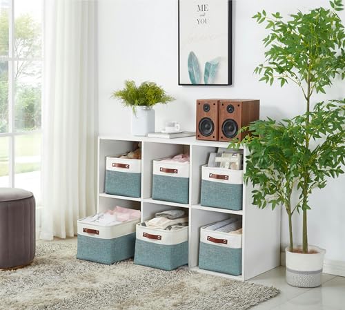 Image of DECOMOMO Storage Bins, Large Fabric Storage Baskets for Shelves, Decorative Linen Closet Organizer, 15 x 11 x 9.5 inches (Green & White, 3 Pack)