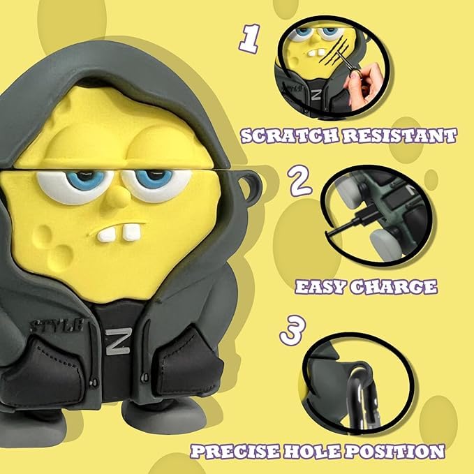 Image of Emoh Roced Case for AirPodS 4 (2024) with Keychain (ANC), Cute Cartoon Shockproof Protective Cover Compatible with Apple AirPods 4th Generation 2024 for Women and Boys (Sponge Bob)