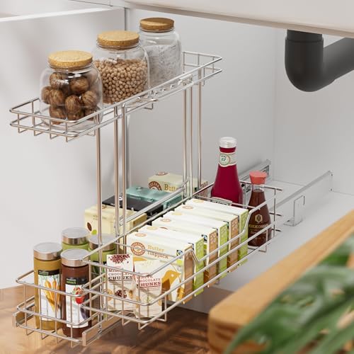 Image of 2 Tier Under Sink Organizer 11 inch W X18 D, Pull Out Cabinet Organizer One Removable Basket, Under Sink Slide Out Chrome Plated, Under Kitchen Bathroom Sink Organizer, 2 Pack