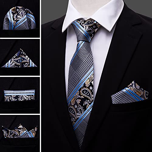 Image of Barry.Wang Mens Tie Set Plaid Check Neckties Formal Business Wedding Luxury Pocket Square Cufflinks