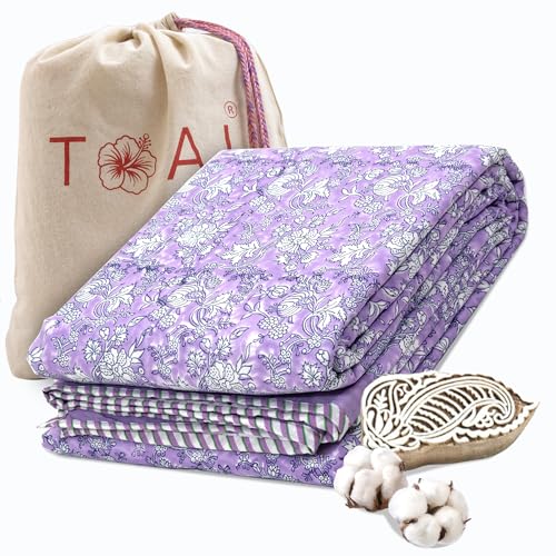 Image of TOAIArt Premium Jaipuri Dohar | AC Blanket Summer Quilt | Hand Block Printed | 3 Layers | Reversible | 150GSM 100% Mulmul Cotton | 100% Cotton Flannel Filling | Single 60 inch X 90 inch |Lavender Kalamkari
