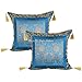 Stylo Culture Ethnique Indien Housse de Coussin Salon de Jardin 45 x 45 cm Turquoise Brocart Salon Housses d'oreiller Jacquard 18x18 Franges Border Brocade éléphant Floral Cushion Covers | Lot de 2