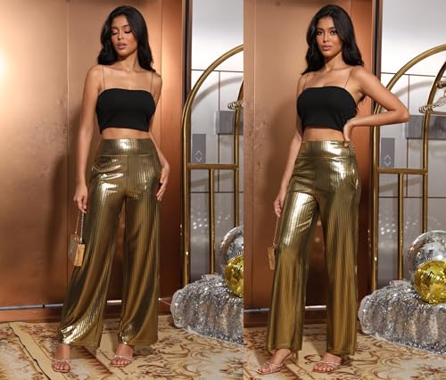 heipeiwa Women's Metallic Wide Leg Palazzo Pants Rib Pleated Smocked Waist Party Club Sequin Slacks Pant2