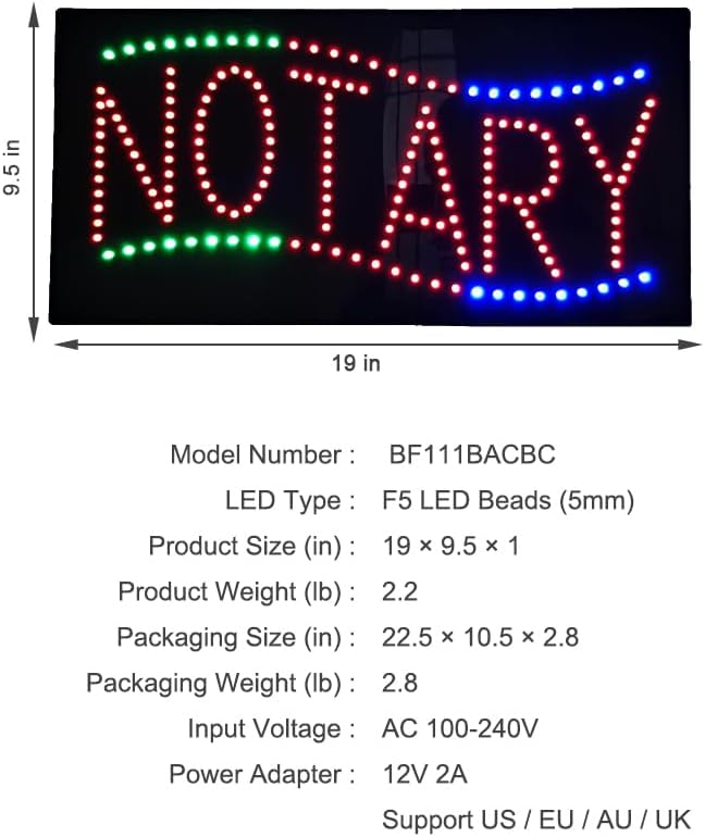 Notary LED Dot Sign, 19"×9.5", Business Office Signboards for Legal Services Office, Hight Brightness, Animated Billboards, Multiple Light Modes, Suitable for Shop Window or Wall Decor