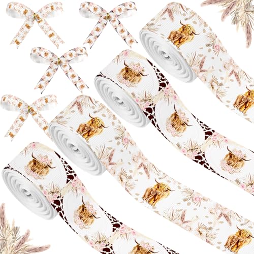 Cheerupp 4 Rolls Highland Cow Theme Ribbons, 20 Yards Craft Ribbons for Wreath Hair Bow Wrapping Gifts Packing, Boho Grosgrain Fabric Ribbons Birthday Wedding Gender Reveal Party Home Accessory Decor