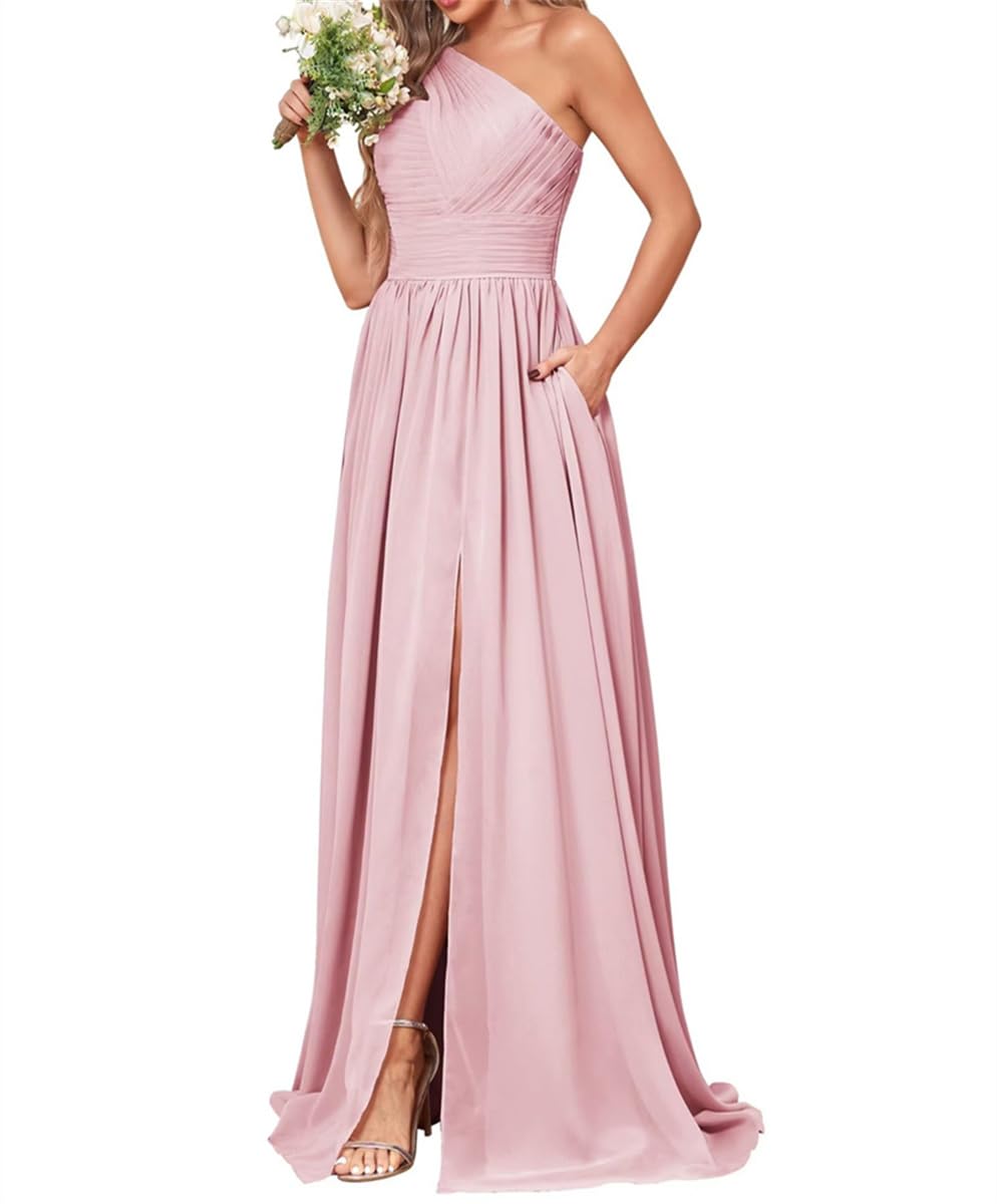 Wseyu Women's Blush Pink Bridesmaid Dresses With Slit Long Chiffon Ruched Wedding Evening Gowns With Pockets Uk14