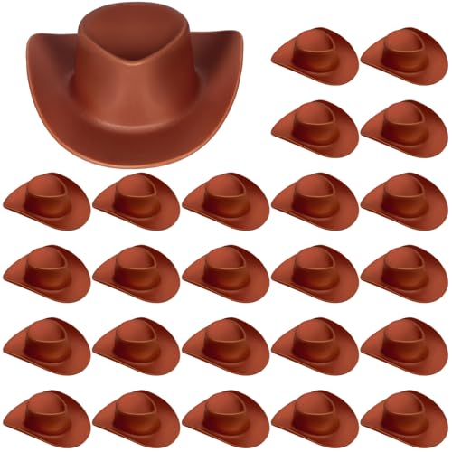 24 PCS Mini Cowboy Hat Plastic Miniature Western Cowgirl Hat for Party Accessories Cute Doll Hat Party Dress Hat for Dollhouse Birthday Decoration (Brown)