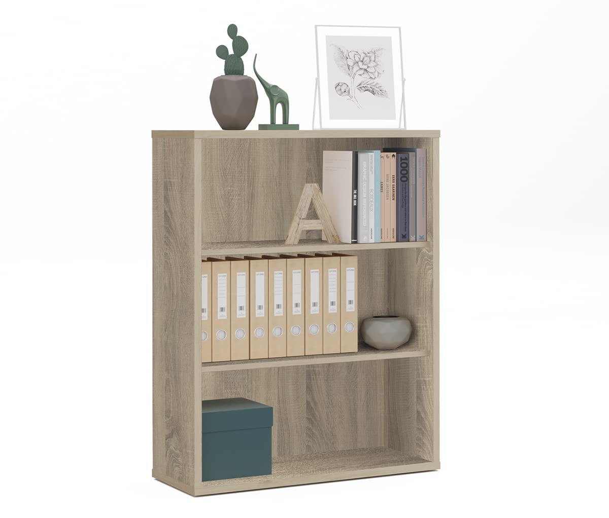 Estantería Librería Baja, Armario Oficina de 3 Estantes, Acabado en Color Roble Aurora, Medidas: 100 cm (Alto) x 76 cm (Ancho) x 33 cm (Fondo)