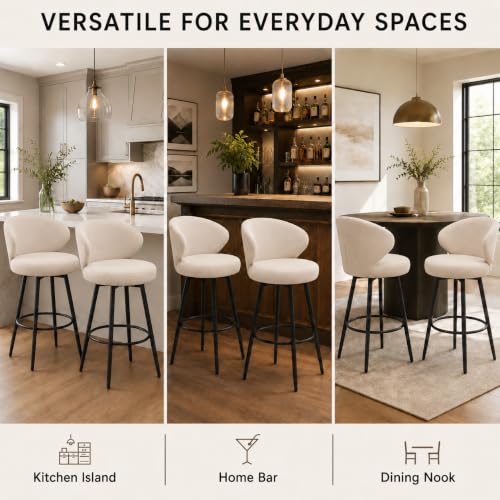 Image of Bar Stools Set of 3, 360 Swivel Breathable Fabric Kitchen Counter Height Stools, 26 inch Upholstered Bar Chair for Kitchen Islands, Restaurant, Ivory