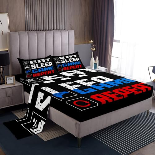 Gamer Sheet Sets for Boys Teens Gaming Bedding Set Twin Size Eat Sleep Game Repeat Design Fitted Sheet for Kids Girls Yoth Player Bed Cover Room Decor With 1 Flat Sheet+ 1 Fitted Sheet+ 1 Pillowcase
