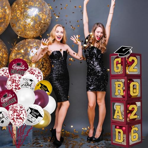 Image of Graduation Decorations Class of 2026 - Maroon and Gold Graduation Decorations - Balloons Boxes with Letters 2026 GRAD So Proud of You, Congrats Grad Party Decorations for Any Grades