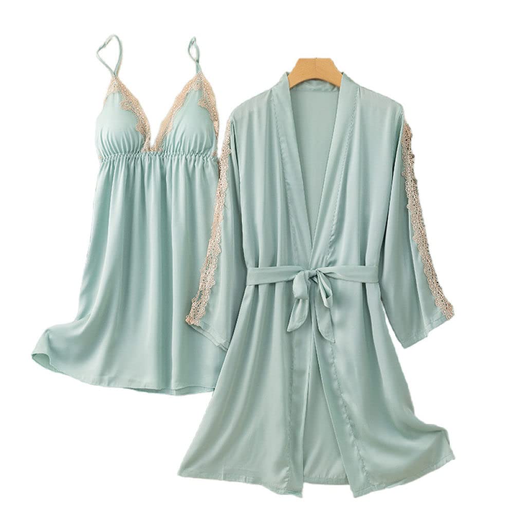 Pigiama Raso Donna,Accappatoio Kimono In Due Pezzi In Raso Sexy Con Cuciture In Pizzo Scollo A V Vestaglia Acquamarina Gonna Con Bretelle Pigiama Set Elegante Vestaglia Da Sposa Bademantel Damen,M
