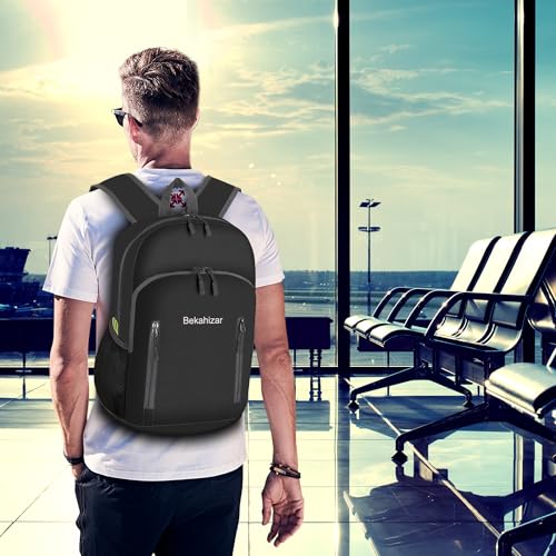 Bekahizar 20L Faltbarer Rucksack Ultra Leichter Wandern Daypack Wasserfest Kleiner Reiserucksack Tasche für Männer Frauen Kinder Outdoor Sports Camping Reisen Jogge Radfahren Klettern (schwarz)
