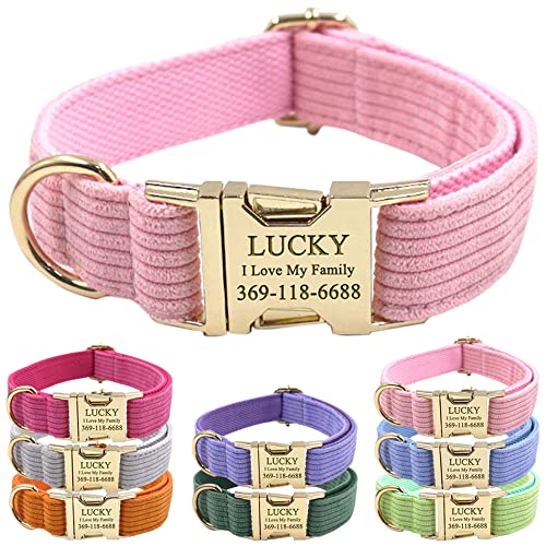 PETDURO Personalized Handmade Dog Collars Stripe Velvet Custom with Name Engraved Gold Metal Buckle for Boy & Girl Dogs - Matching Leash Bow Tie Harness Poop Bag Holder Available (S, Pink)