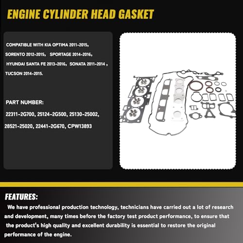Image of CPW13893 Engine Head Gasket Set Compatible with Hyundai Santa Fe Sonata ,Kia Optima Sorento Sportage 2.4L L4 2011 2012 2013 2014 2015