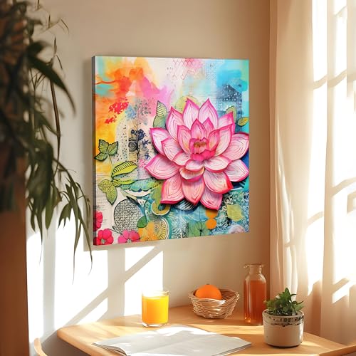 Image of PAINTINGMANTRA Abstract Lotus Floral Stretched Canvas Painting for Living Room | Modern Lotus Artwork Wall Decor Art For Livingroom, Bedroom, Office, Hallways - 22x22 Inch