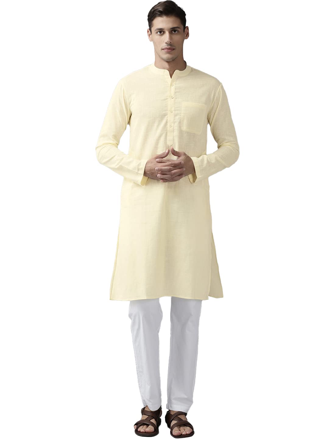 see designs Cream Cotton Regular Fit Kurta Madern Collar Stright Hem Side Full Sleeve Straght Kurta-picture-20
