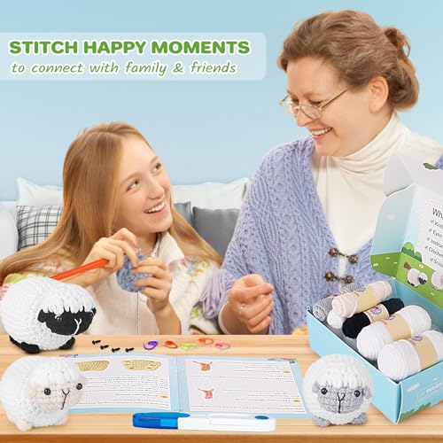 Image of Crochet Kit for Beginners, Crochet Starter Kit with Step-by-Step Video Tutorials, Amigurumi Crochet DIY Knitting Supplies for Teenagers Adults, 3-Pack Little Lambs (40%+ Yarn)