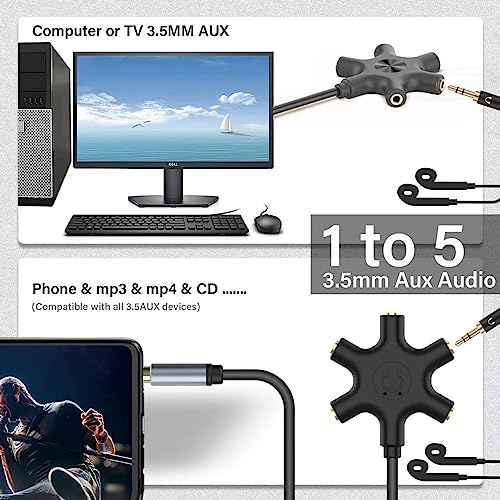 Image of Multi Headphone Audio Splitter, 5-Way 3.5mm Jack Stereo Headset Adapter to Connect Up to 5 Devices for Mixing, Shared Experiences - for iPhone, iPad & More