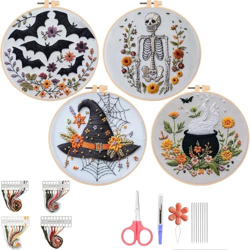 Fusionara Halloween Embroidery Kit Halloween Cross Stitch Kit 4 Set Gothic Embroidery Cross Stitch Kits for Beginners Unisex 6 Inch Cross Stitch Needlepoint DIY Craft Kit with Needles (4 Set)