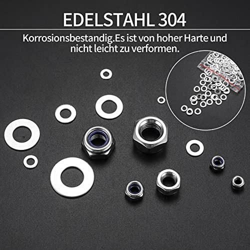 980 Stk Sicherungsmuttern mit Flach Unterlegscheiben Sortiment, Schraubensicherung Edelstahl, Selbstsichernde Beilagscheiben Sicherungsscheiben Sechskantmuttern - M2.5/M3/M4/M5/M6/M8/M10/M12