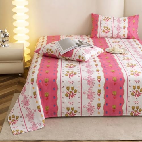Image of IVAZA 240 TC Soft Ezyption Cotton Floral Print King Size Bedsheet - with 2 Pillow Covers, Hypoallergenic, Brethable, (Size- 90 x 90 Inch) Pink Flower