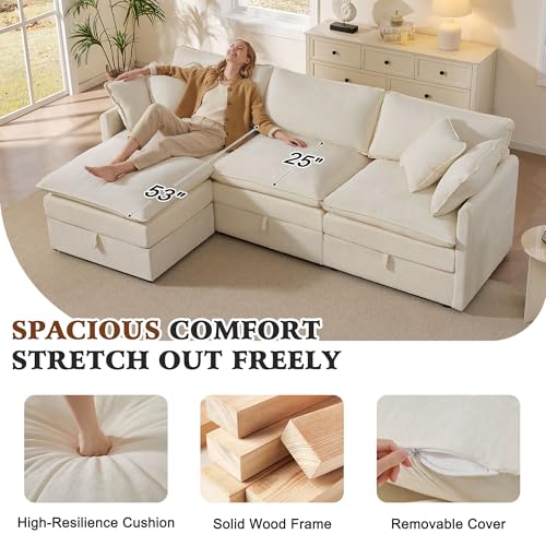 Image of Ihanherry 103 inch Modular Sectional Sofa with Storage, L Shaped Cloud Couch with Movable Ottomans & 4 Pillows, Chenille Deep Seat Sectional Couches for Living Room, Apartment (Beige)