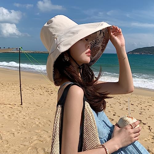 Image of HUAMULAN Women Sun Hat Summer Bucket Beach Boonie Cotton Cap Wide Brim UPF 50