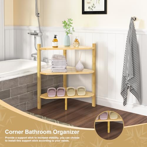 Wisuce 3 Tier Corner Shelf, 100% Real Bamboo Shower Corner Shelves Free Standing Shelf Storage Organizer For Bathroom Living Room Kitchen thumb #3