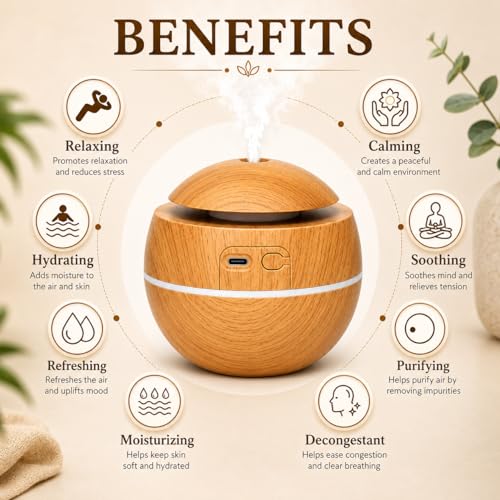 Image of 300 ml Essential Oil Diffuser for Home - Ultrasonic Aroma Diffuser for Home Electric with LED Light & Upto 16 Hrs Mist