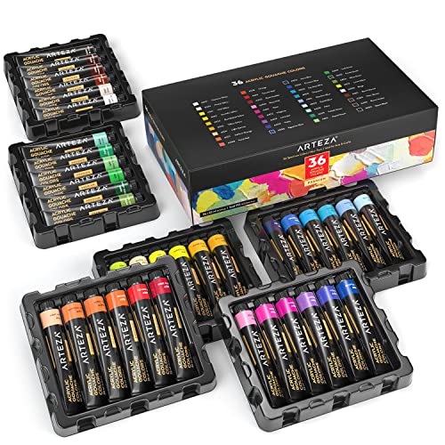 ARTEZA Acrylic Gouache Paint Set 36 Colors in 22 ml Tubes Opaque Matte Acrylic Paints for Illustration Design Layering Canvas and Mixed Media