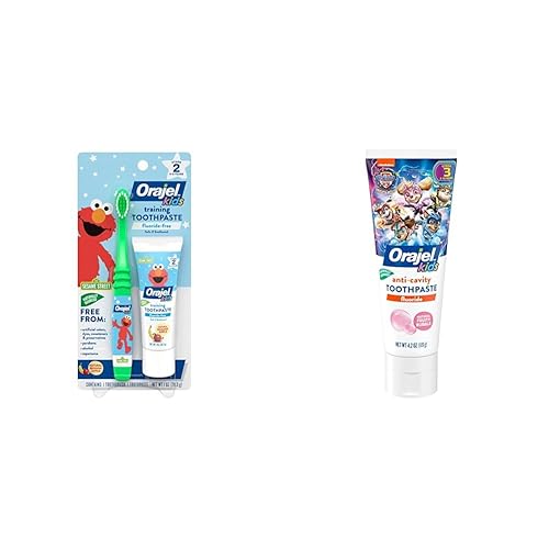 Miniatura 10 de Orajel Elmo - Limpiador de dientes y encías sin flúor con cepillo de dientes paquete combinado sabor a manzana y plátano sin flúor juego de 2 piezas