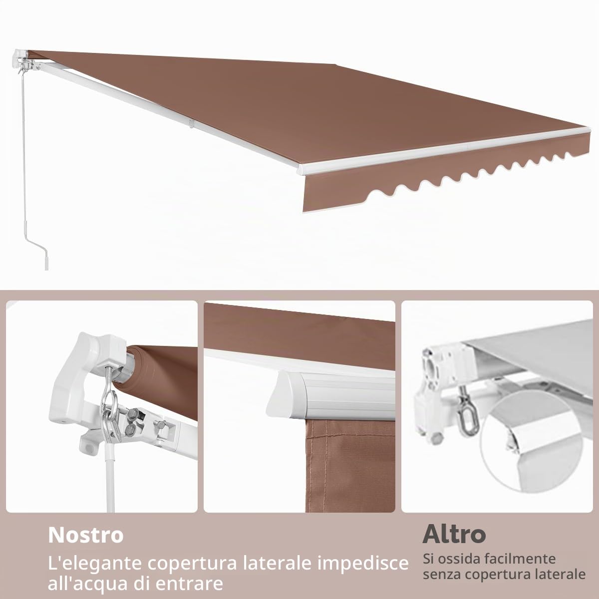 HOMASIS Tenda da Sole a Rullo, Tenda Parasole Retrattile con Manovella, Tenda per Balcone Regolabile in Angolo, Protezione Solare in Metallo e PU per Giardino e Terrazza (Marrone, 4 x 2,5 m)