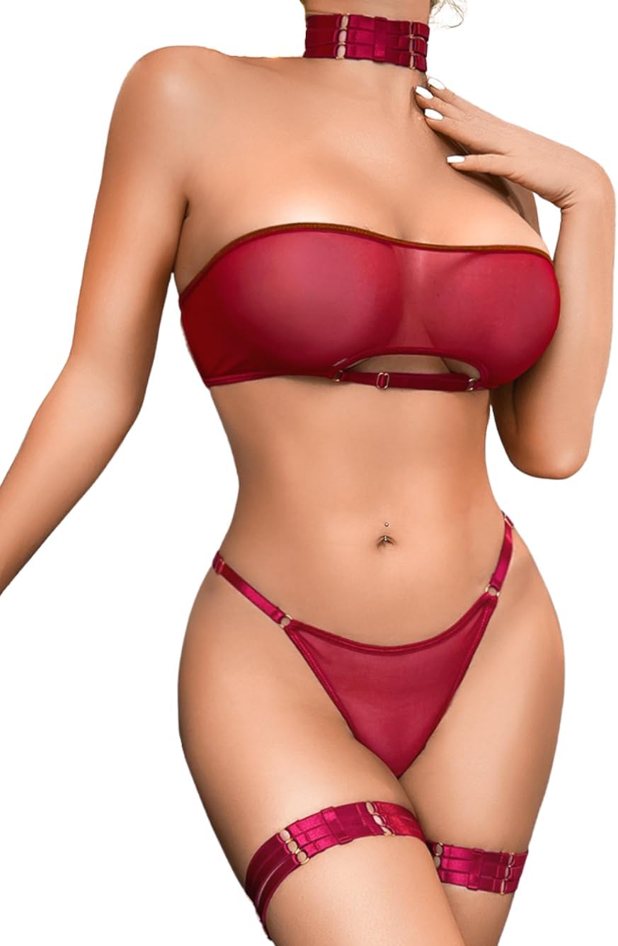 Kaei&Shi Sheer Mesh Lingerie Set, Sexy Bra And Panty 4PC, Strapless Choker