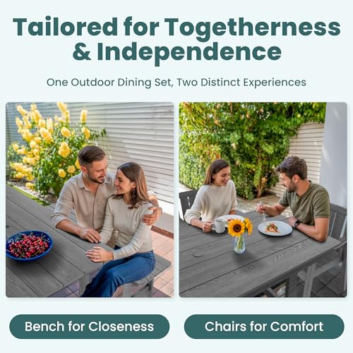 Image of Pamapic Patio Dining Table Set, 6-Piece Outdoor Dining Set for 6, Grey | 1 Rectangular Table, 4 Chairs & 1 Bench, Wood-Grain HDPE, Elegant Armrests, All-Weather Design, Umbrella Hole