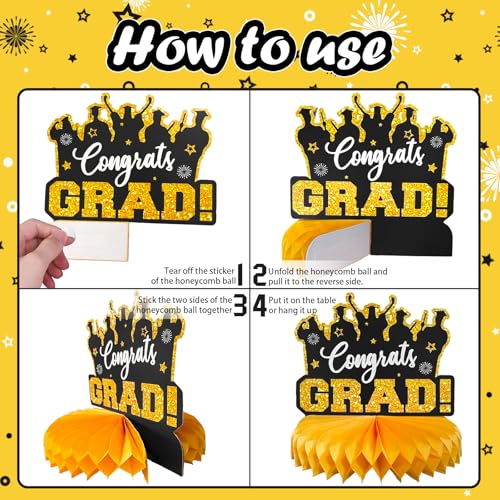 Image of 2026 Graduation Party Decorations - 8 Pcs Black Gold Class of 2026 Graduation Party Decor Honeycomb Centerpieces for Tables Congratulate for 2026 Congrats Grad Party Supplies