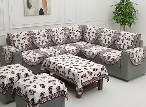 Image of Fab Nation Sofa Cover L Shape 5 Seater with Corner L Type Sofa Set for Living Room | Cotton Sofa Slipcovers for 3 + 2 Seaters Cover with 2 Arms + 2 Setty Covers + 1 Table Cover | Garden Pink
