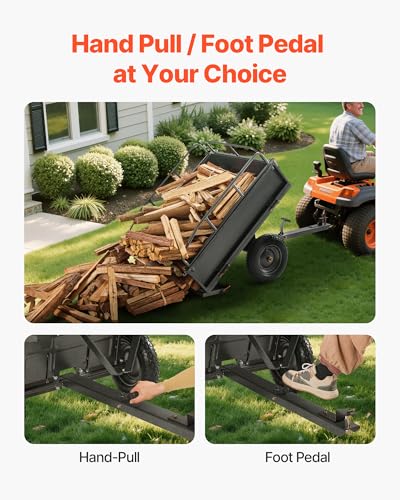 Image of VEVOR 10 Cu.Ft. & 500lbs ATV Trailer Dump Cart Tow Behind, Heavy Duty Utility UTV Trailer, Tow Behind Steel Yard Dump Wagon Cart with 14 inch Tires for Lawn Mower Tractor