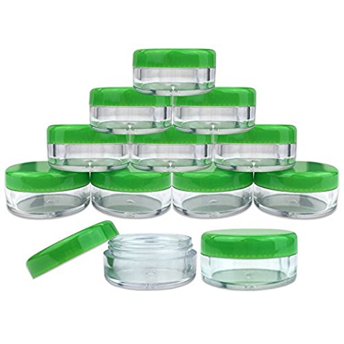 50 New Empty 5 Grams Acrylic Clear Round Jars - BPA Free Containers for Cosmetic, Lotion, Cream, Makeup, Bead, Eye shadow, Rhinestone, Samples, Pot, Small Accessories 5g/5ml (GREEN LID)3