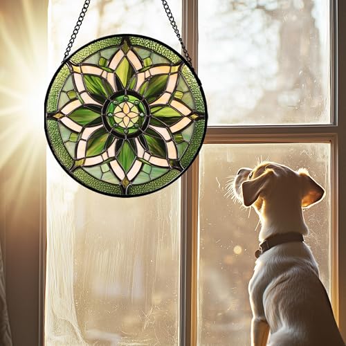 Image of Stained Glass Window Hanging - White Green Boho Flower Suncatcher for Doors Window Home Sun Catchers Decor Christmas Mother's Day Birthday Gifts for Teacher Women Men Mom Nana 6.3 in
