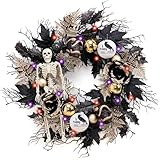 DecorbyHannah Collapsible Halloween Door Wreath, 24 Inch Light Up Black Halloween Wreaths for Front Door with Skeleton, Skulls and Roses, Scary Halloween Decorations Indoor Outdoor for Porch Window