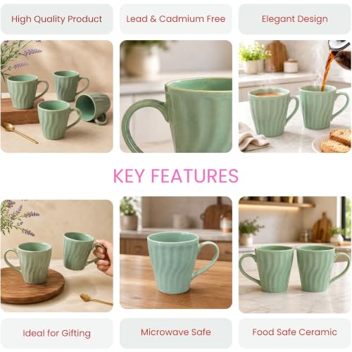 Image of The Earth Store Green Artisan Wave Coffee Mug - 340ML Ceramic Coffee Mugs Set of 4 | Microwave & Dishwasher Safe Mugs for Gift | Home | Office | Restaurant | Daily Use Tea Mug
