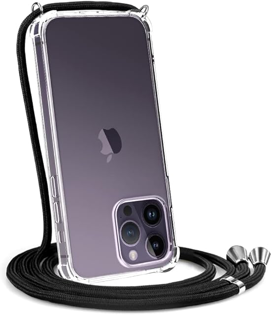 CAROKI Crossbody Case for iPhone 14 Pro Max,Necklace Mobile Phone Cover with Cord Strap Clear Transparent TPU Soft iPhone 14 Pro Max Cover Holder with Neck Cord Lanyard Strap-Black