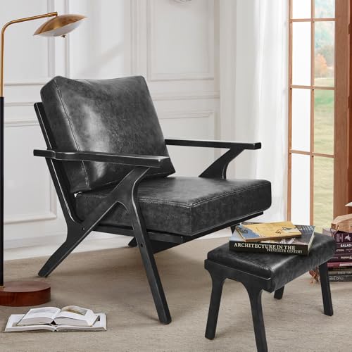 Nebuaegis Mid-Century Modern Accent Chairs with 1 pcs Ottoman, PU Leather Fabric Thicker Upholstered Armchair for Bedroom Living Room Black