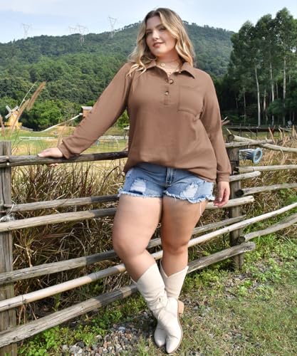 CARCOS Plus Size Tops for Women Waffle Knit Henley Shirts Long Sleeve Button V Neck Tunics Casual Solid Blouse with Pocket4